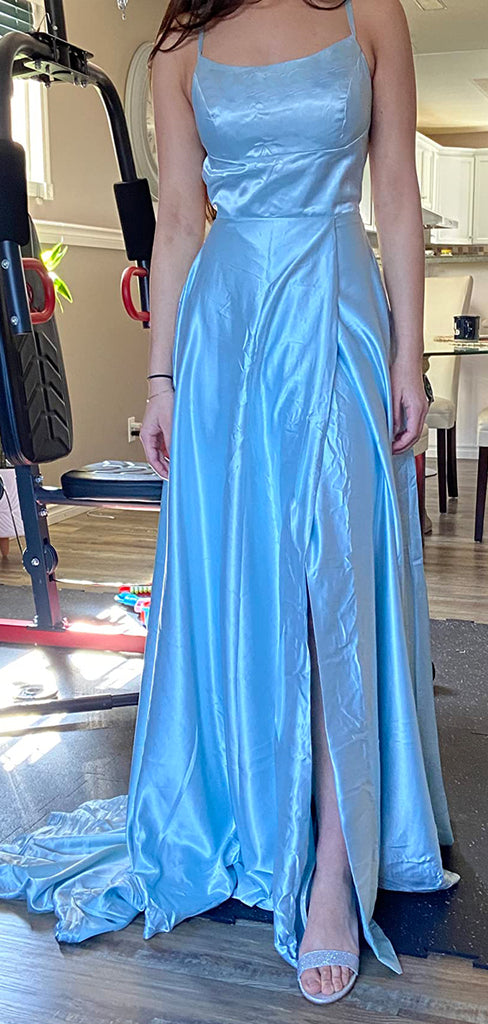 Simple Blue Satin A-line Spaghetti Straps Long Evening Prom Dresses, GR0418