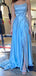 Simple Blue Satin A-line Spaghetti Straps Long Evening Prom Dresses, GR0418