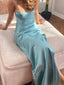 Sexy Sheath Blue Satin Spaghetti Straps Long Evening Prom Dresses, GR0420