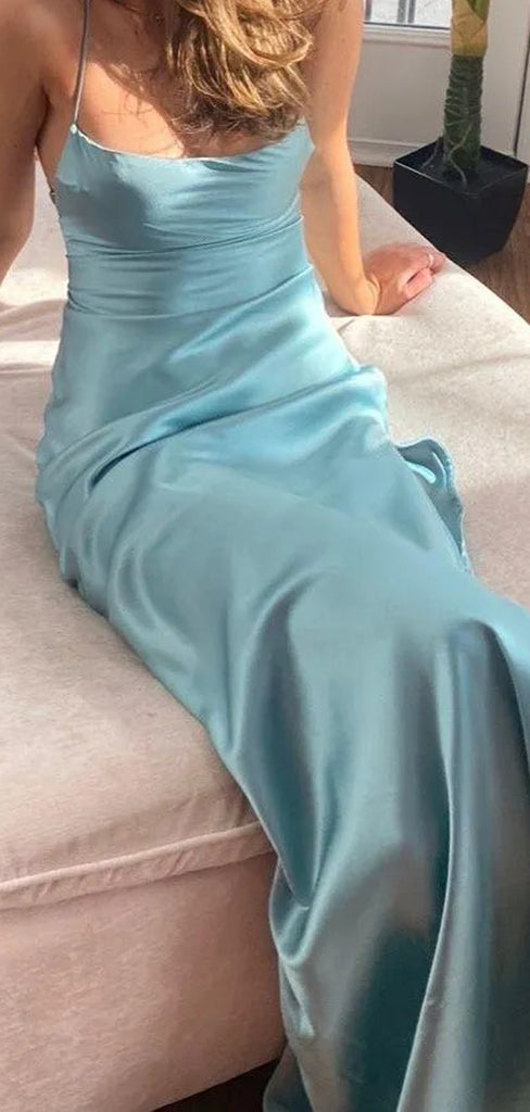 Sexy Sheath Blue Satin Spaghetti Straps Long Evening Prom Dresses, GR0420