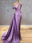 One Shoulder Purple Satin Beaded Mermaid Long Evening Prom Dresses, GR0421