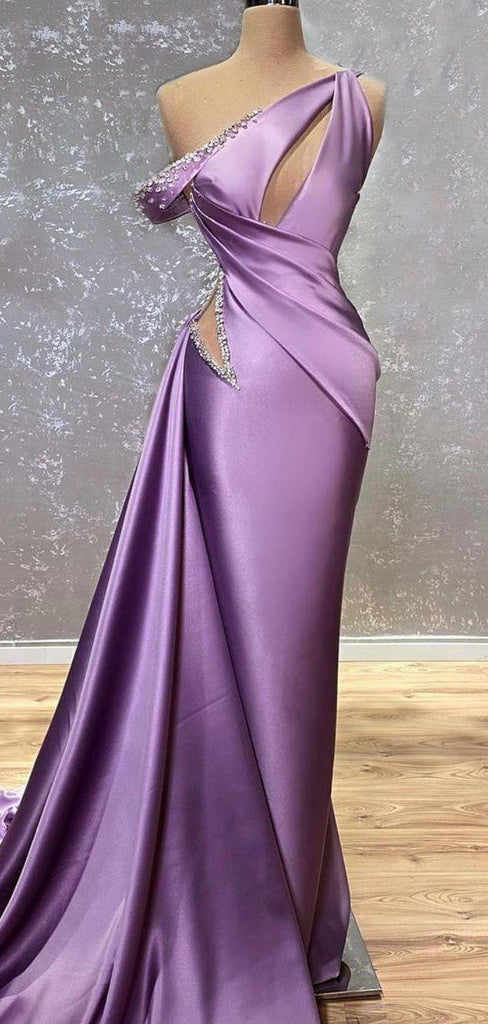 One Shoulder Purple Satin Beaded Mermaid Long Evening Prom Dresses, GR0421