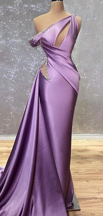 One Shoulder Purple Satin Beaded Mermaid Long Evening Prom Dresses, GR0421