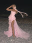 Sweetheart Pink Tulle Mermaid Long Evening Prom Dresses, High Slit Prom Dress, GR0422