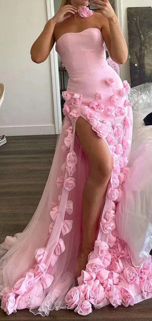 Sweetheart Pink Tulle Mermaid Long Evening Prom Dresses, High Slit Prom Dress, GR0422