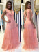 V-neck Pink Tulle Long Evening Prom Dresses, A-line V-back Prom Dress, GR0423