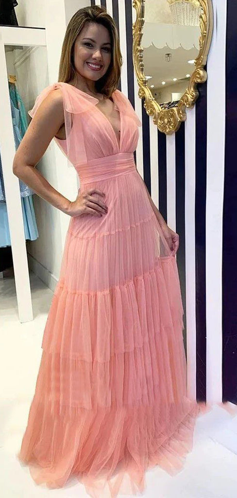 V-neck Pink Tulle Long Evening Prom Dresses, A-line V-back Prom Dress, GR0423