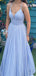 Spaghetti Straps Blue A-line Long Evening Prom Dresses, Sparkly V-neck Prom Dress, GR0424