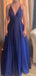 A-line Royal Blue Satin V-neck Spaghetti Straps Long Evening Prom Dresses, GR0425