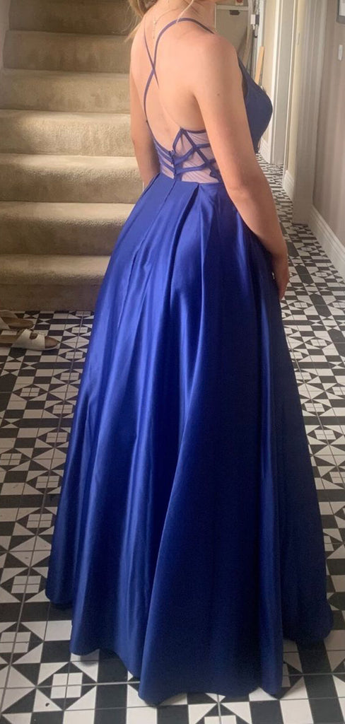 A-line Royal Blue Satin V-neck Spaghetti Straps Long Evening Prom Dresses, GR0425