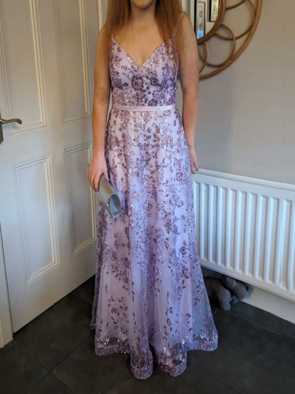 Sparkly Purple Lace V-neck Long Evening Prom Dresses, GR0427