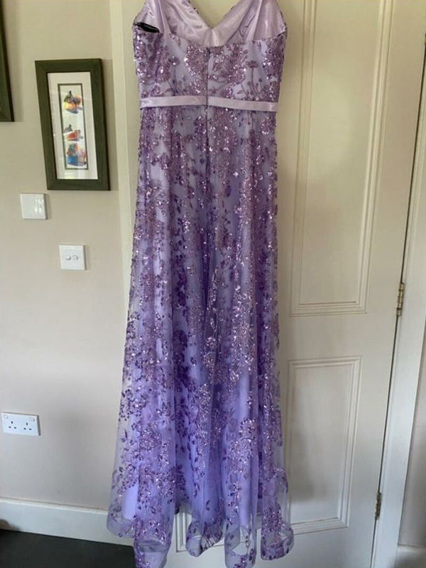 Sparkly Purple Lace V-neck Long Evening Prom Dresses, GR0427