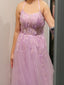 Lilac Tulle Appliques A-line Long Evening Prom Dresses, GR0428