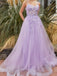 Lilac Tulle Appliques A-line Long Evening Prom Dresses, GR0428