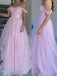 Off Shoulder Pink Tulle A-line Long Evening Prom Dresses, GR0429