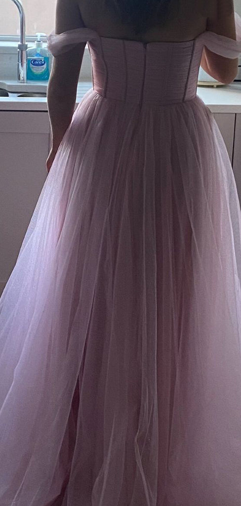 Off Shoulder Pink Tulle A-line Long Evening Prom Dresses, GR0429