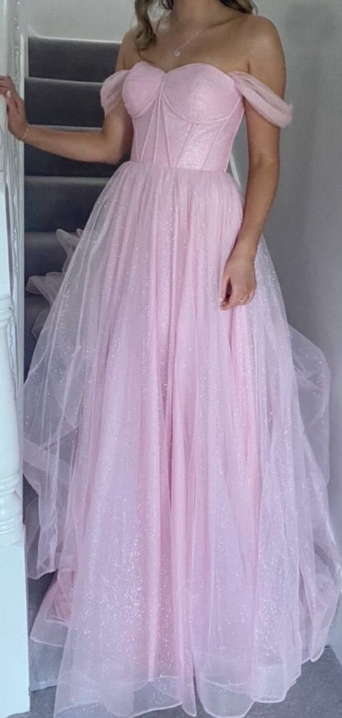 Off Shoulder Pink Tulle A-line Long Evening Prom Dresses, GR0429