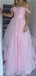 Off Shoulder Pink Tulle A-line Long Evening Prom Dresses, GR0429