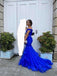 Royal Blue Tulle Mermaid Off Shoulder Long Evening Prom Dresses, GR0430