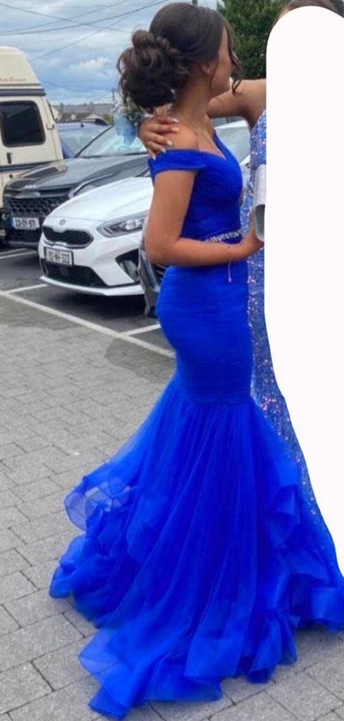 Royal Blue Tulle Mermaid Off Shoulder Long Evening Prom Dresses, GR0430