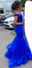 Royal Blue Tulle Mermaid Off Shoulder Long Evening Prom Dresses, GR0430