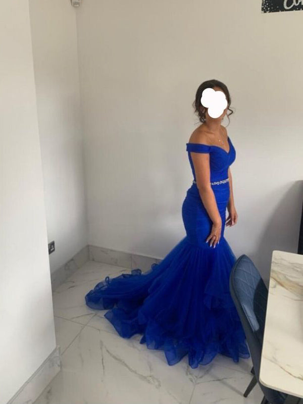 Royal Blue Tulle Mermaid Off Shoulder Long Evening Prom Dresses, GR0430