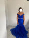 Royal Blue Tulle Mermaid Off Shoulder Long Evening Prom Dresses, GR0430