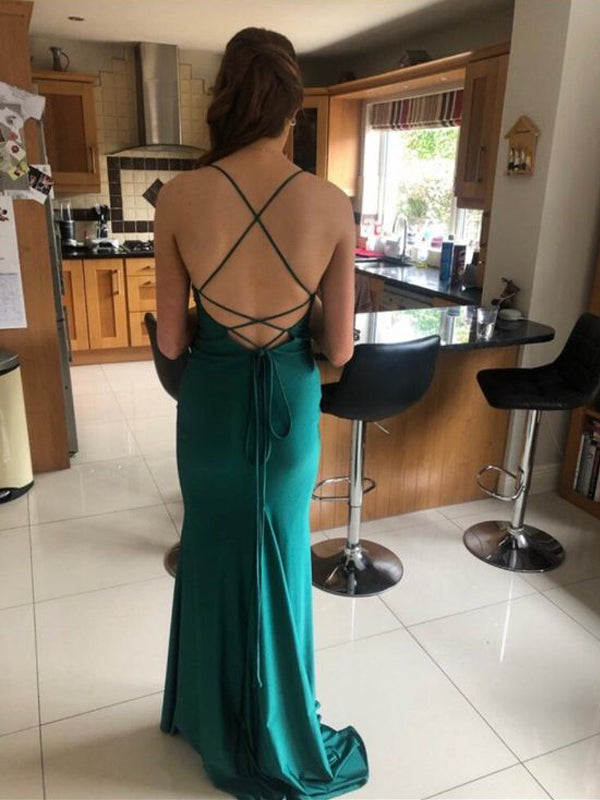 emerald green spaghetti strap prom dress Dark Green Elastic Satin Beaded Mermaid Spaghetti Straps Prom Dresses, MP847