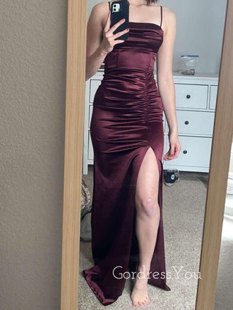 Sheath Grape Satin Mermaid Side Slit Long Evening Prom Dresses, GR0433