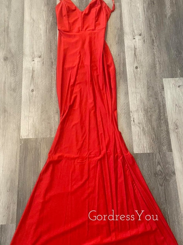 Sexy Sheath Red Mermaid V-neck Long Evening Prom Dresses, GR0434