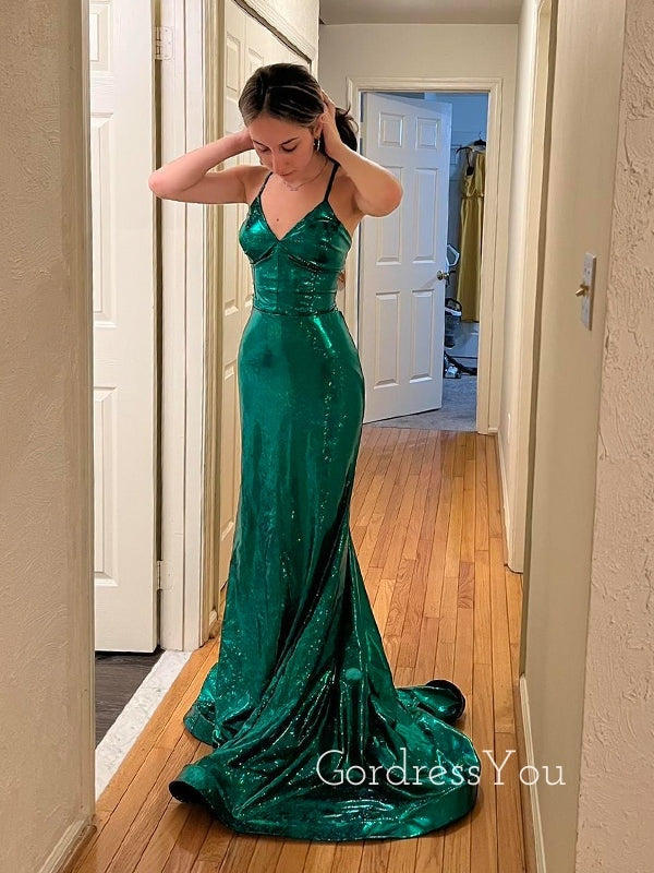 V-neck Sparkly Green Mermaid Long Evening Prom Dresses, GR0435