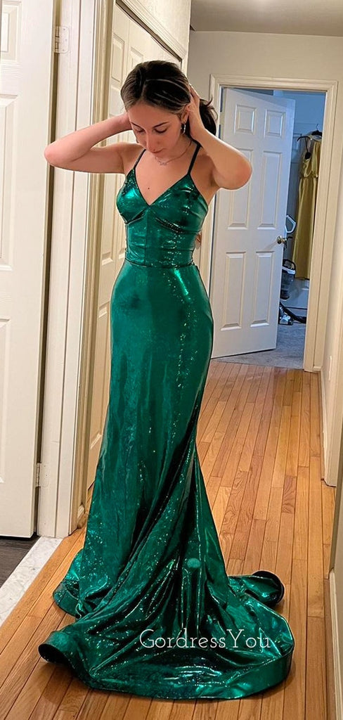 V-neck Sparkly Green Mermaid Long Evening Prom Dresses, GR0435