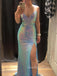 Polular Spaghetti Straps Blue Sequins Mermaid V-neck Long Evening Prom Dresses, GR0436