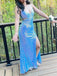 Polular Spaghetti Straps Blue Sequins Mermaid V-neck Long Evening Prom Dresses, GR0436