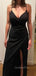 Deep V-neck Black Spaghetti Straps Long Evening Prom Dresses, GR0437