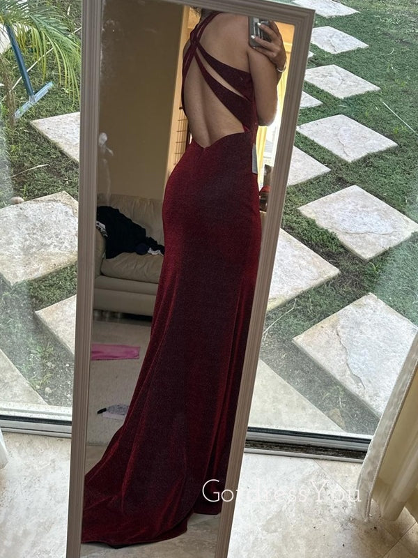 Formal High Slit Mermaid Burgundy Long Evening Prom Dresses, GR0438