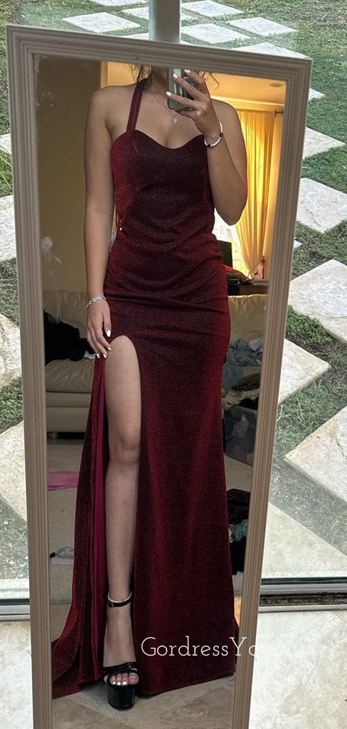 Formal High Slit Mermaid Burgundy Long Evening Prom Dresses, GR0438