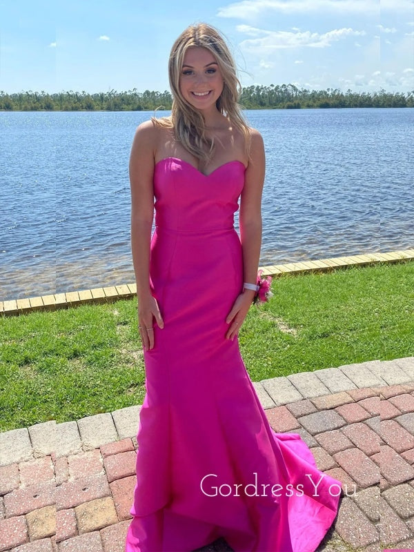 Sweetheart Mermaid Hot Pink Satin Long Evening Prom Dresses, GR0440