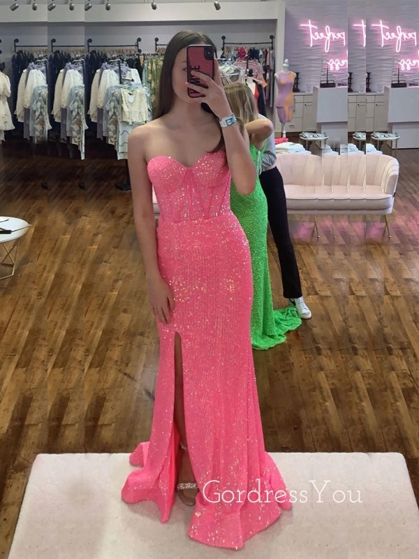 Sweetheart Mermaid Hot Pink Sequins Long Evening Prom Dresses, GR0441