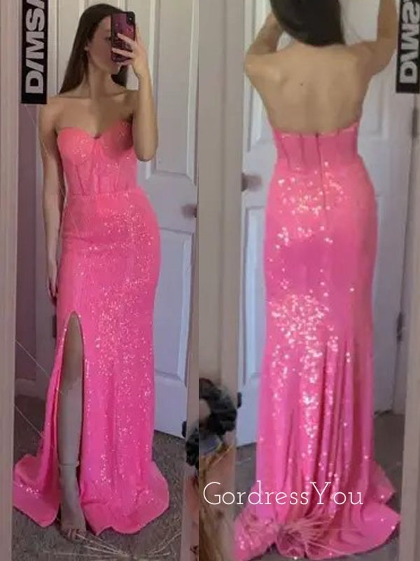 Sweetheart Mermaid Hot Pink Sequins Long Evening Prom Dresses, GR0441