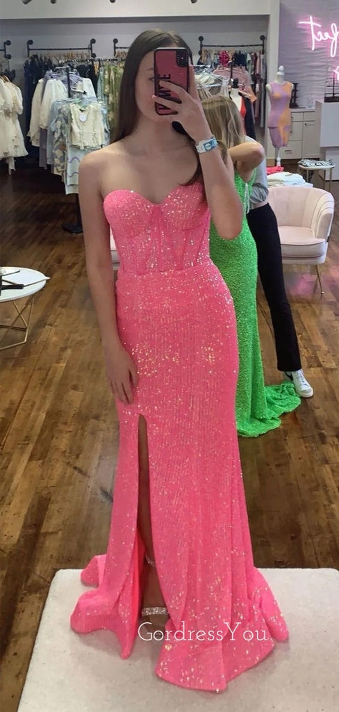 Sweetheart Mermaid Hot Pink Sequins Long Evening Prom Dresses, GR0441