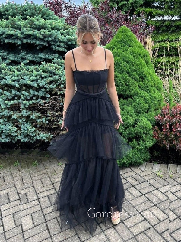 A-line Black Tulle Spaghetti Straps Long Evening Prom Dresses, GR0442