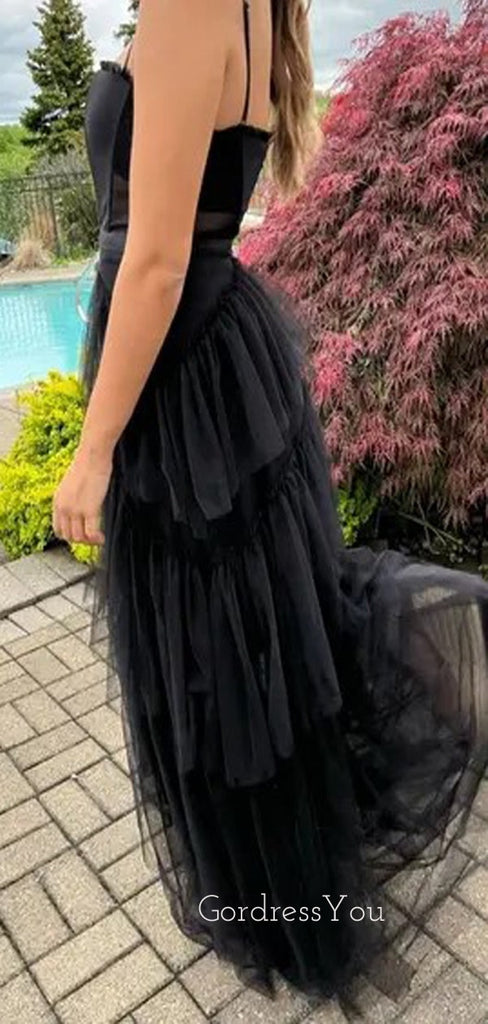 A-line Black Tulle Spaghetti Straps Long Evening Prom Dresses, GR0442