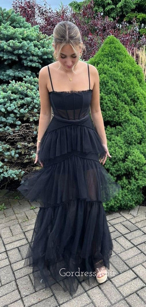 A-line Black Tulle Spaghetti Straps Long Evening Prom Dresses, GR0442