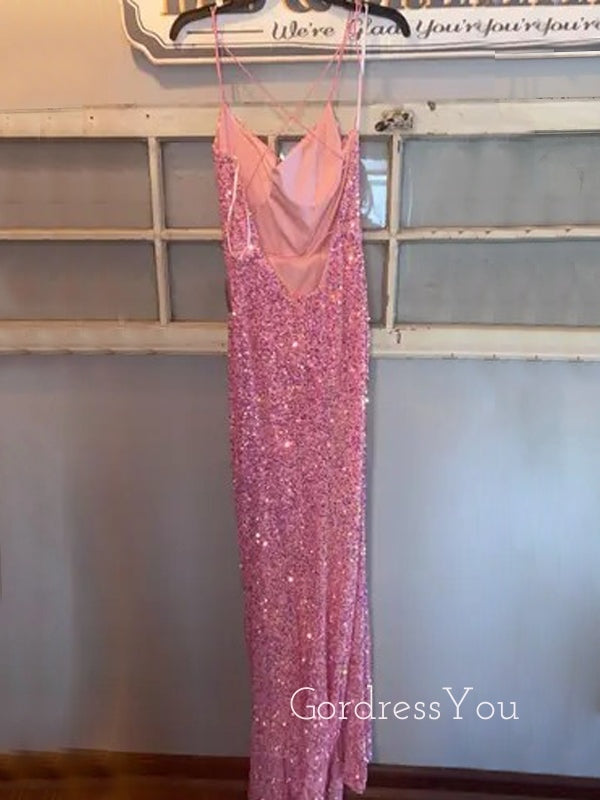 Mermaid Spaghetti Straps Pink Sequins Long Evening Prom Dresses, GR0443