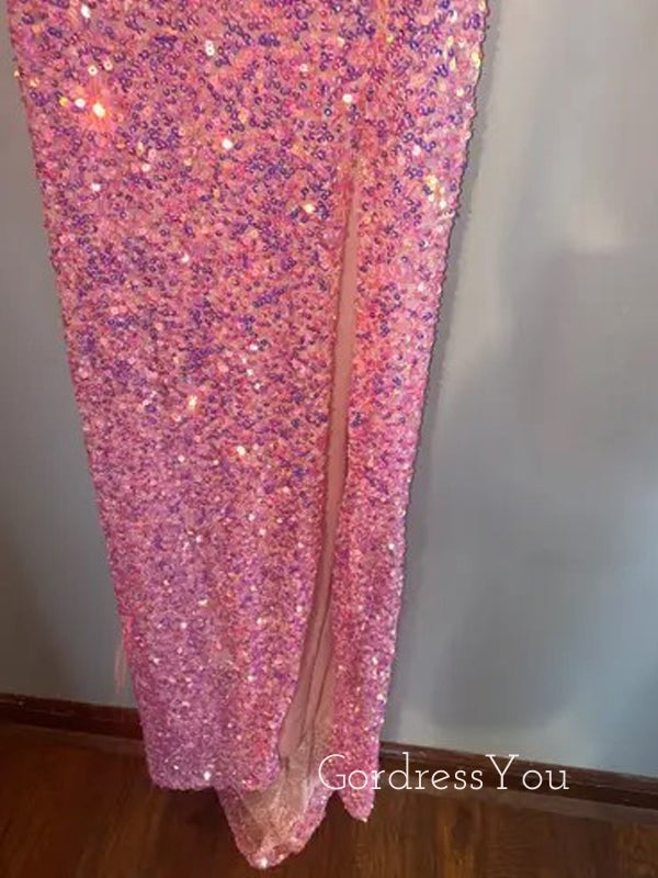 Mermaid Spaghetti Straps Pink Sequins Long Evening Prom Dresses, GR0443