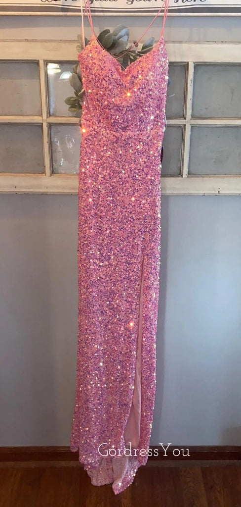 Mermaid Spaghetti Straps Pink Sequins Long Evening Prom Dresses, GR0443