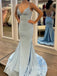 Deep V-neck Blue Satin Sparkly Mermaid Long Evening Prom Dresses, GR0446