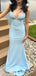 Deep V-neck Blue Satin Sparkly Mermaid Long Evening Prom Dresses, GR0446