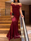 Morden Mermaid Burgundy Satin Off Shoulder Long Evening Prom Dresses, GR0449